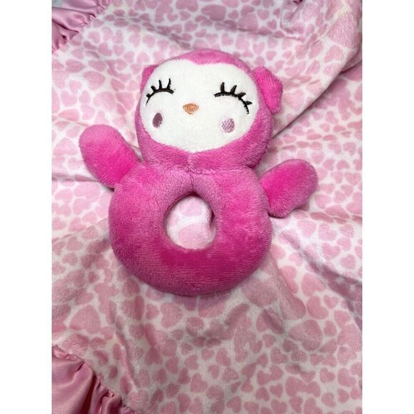 Carters Rattle Lovey Security Blanket Plush Pink White Satin Bird Owl Heart - Picture 2 of 6